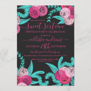 Convites Artsy Bright Neon Pink Teal Flowers Sweet 16