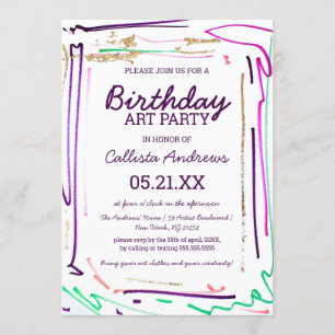 Convites Artsy Colorful Dourado Action Party Aniversário