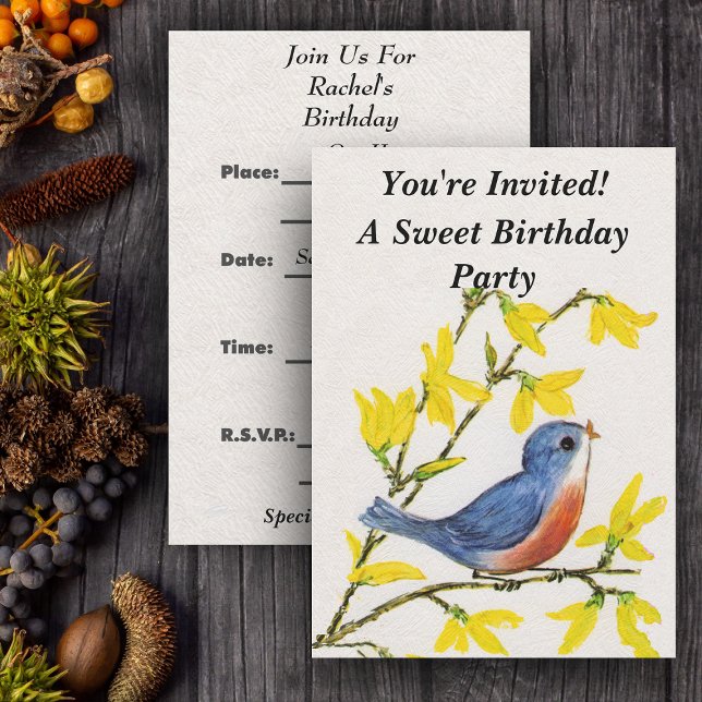 Convites Árvore azul de pássaro cante bonito (Cute blue red bird on branch yellow flowers on white party invitations.)