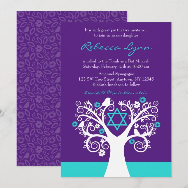 Convites Árvore da Vida Aves Roxas Bat Mitzvah (Frente/Verso)