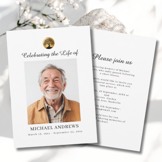 Convites Árvore da Vida - Celebração da Foto Funeral da Vid (Tree of Life - Celebration of Life Funeral Photo White Invitation - Print & Instant Download.)