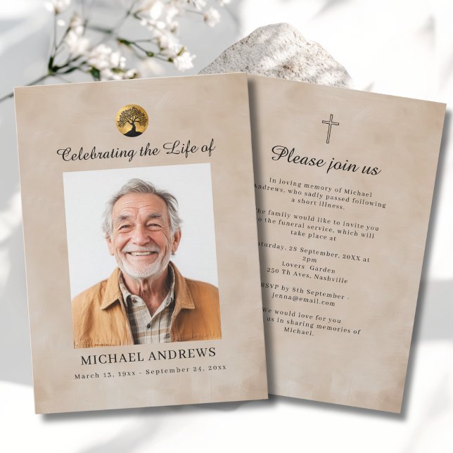 Convites Árvore da Vida - Celebração da Vida Foto Funeral  (Tree of Life - Celebration of Life  Funeral Photo Cross Beige Invitation)