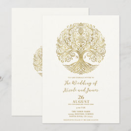 Convites Árvore da Vida Creme e Dourado Casamento Celta