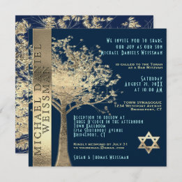 Convites Árvore da vida Dourada e Bar Azul Mitzvah