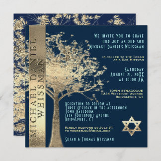 Convites Árvore da vida Dourada e Bar Azul Mitzvah