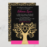 Convites Árvore da Vida Pássaros Rosa Dourado Bat Mitzvah<br><div class="desc">Na moda da árvore da vida dos convites Bat Mitzvah. Este design único apresenta uma falsa árvore de espiral dourada,  flor,  pássaros e a Estrela de David. Designs são ilustrações/gráficos impressos planos - NÃO É UM GELO DOURADO REAL.</div>