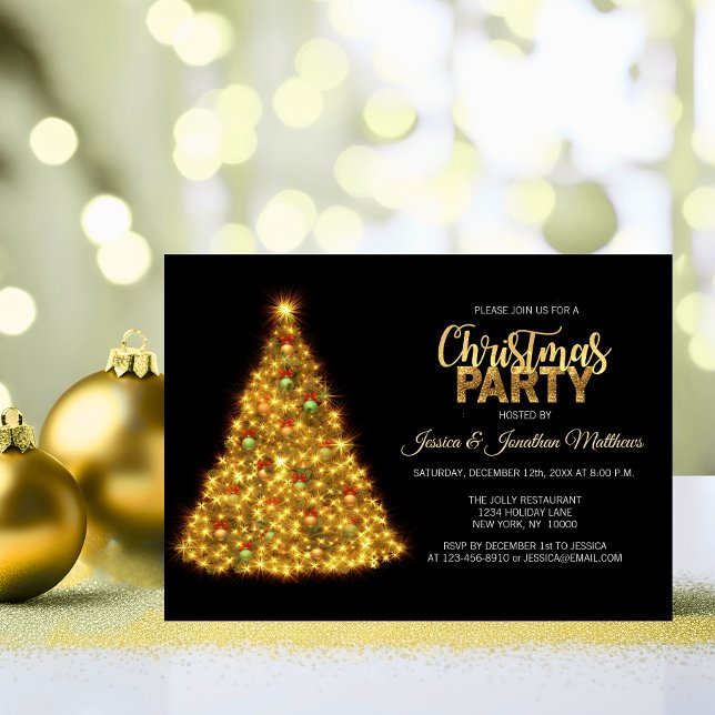 Convites Árvore das Luzes Douradas das Luzes do NATAL (CHRISTMAS PARTY Black Gold Twinkle Lights Tree Invitation)