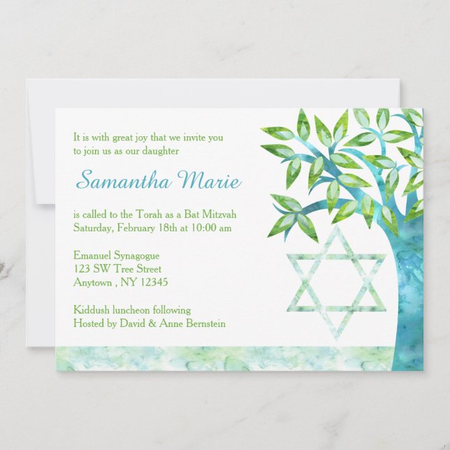 Convites Árvore de Aquarela da Vida Teal Green Bat Mitzvah (Frente)