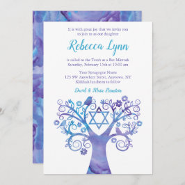 Convites Árvore de Aquarela de Teal Roxo Bat Mitzvah
