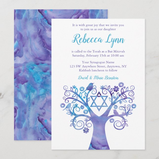 Convites Árvore de Aquarela de Teal Roxo Bat Mitzvah (Frente/Verso)