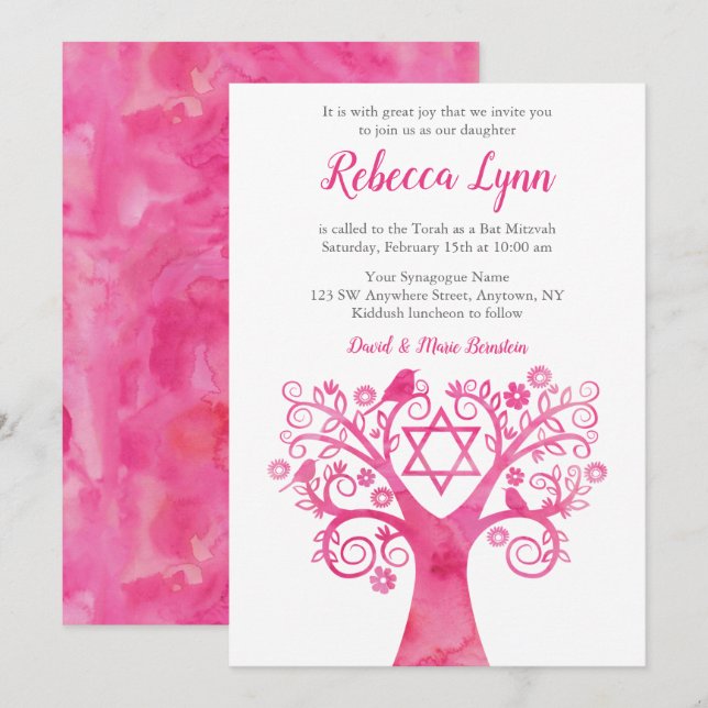 Convites Árvore de Aquarela Rosa da Vida Bat Mitzvah Convid (Frente/Verso)