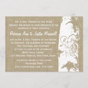 Convites Árvore de Birch com Coração e Iniciais Esculpidos