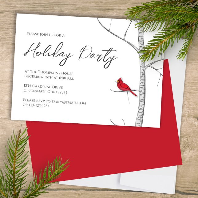 Convites Árvore de Birmanês Cardinal Vermelho de inverno de (Simple Holiday Party invitation with a winter woodland red cardinal bird.)