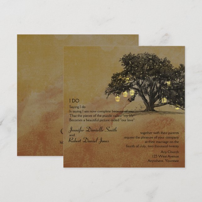 Convites Árvore de Carvalho e Casamento de Lanterna (Frente/Verso)