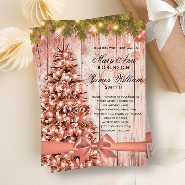 Convites Árvore de Casamento de Natal, Luzes e Faixa de ros (Rose Gold Christmas Wedding Tree, Lights & Ribbon Invitation)
