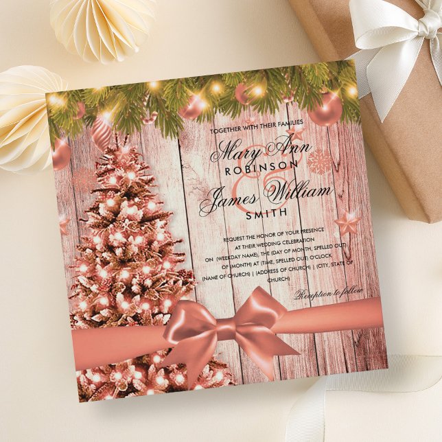 Convites Árvore de Casamento de Natal, Luzes e Faixa de ros (Rose Gold Christmas Wedding Tree, Lights & Ribbon Invitation)