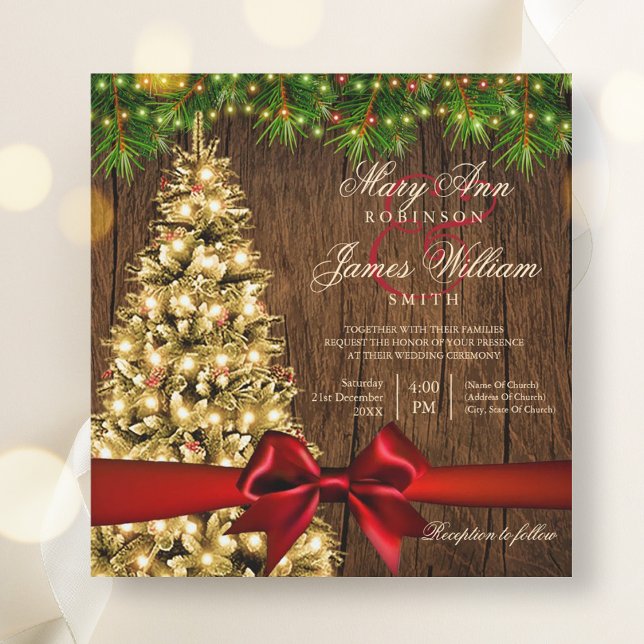 Convites Árvore de Casamento de Natal Russo, Luzes e Fita V (Rustic Christmas Wedding Tree, Lights & Red Ribbon Invitation)