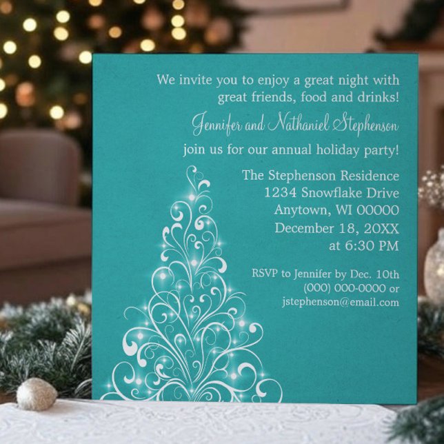 Convites Árvore de Feriado Sparkly Convide, Teal (Teal Sparkly Holiday Tree Christmas Party Invitation)