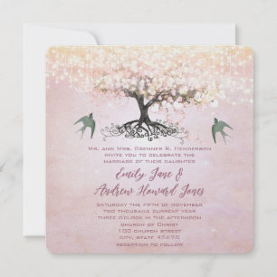 Convites Árvore de Folhas em Coração Rosa e Verde Amor Páss