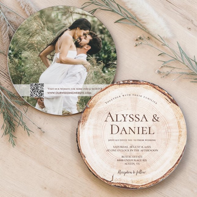 Convites Árvore de Madeira com Foto RSVP Casamento Rústico  (Printed Wood cut slice Rustic wedding with custom photo and QR code wedding website.)