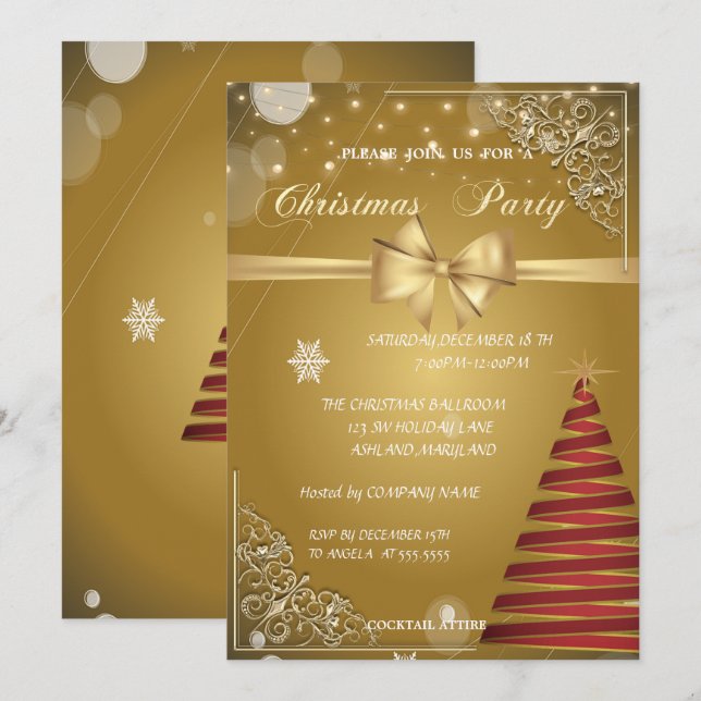 Convites Árvore de Natal, Arco Dourado, Festa de Natal Corp (Frente/Verso)