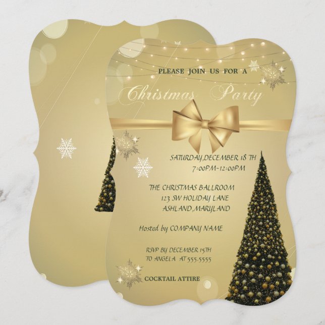 Convites Árvore de Natal, Arco Dourado, Festa de Natal da E (Frente/Verso)