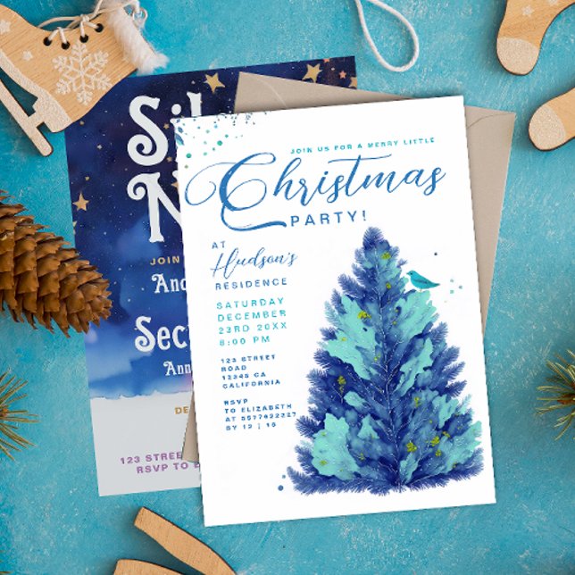 Convites Árvore de Natal Azul Turquesa Moderna Festa de Nat (Criador carregado)