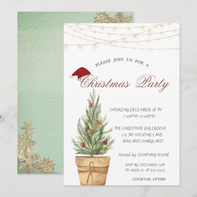 Convites Árvore de Natal Chic, Flocos de Neve Dourados Nata (Frente/Verso)