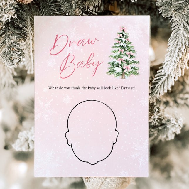 Convites Árvore de Natal com Laço Rosa - Jogo de Desenhar B (Pink Bow Christmas Tree Baby Shower Draw Baby Game)