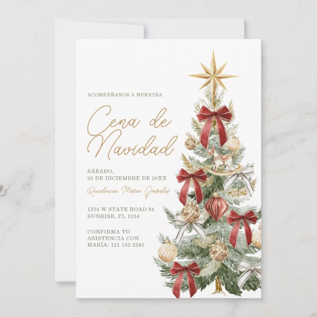 Convites Árvore de Natal com Laço Vermelho Jantar de Cena D (Frente)