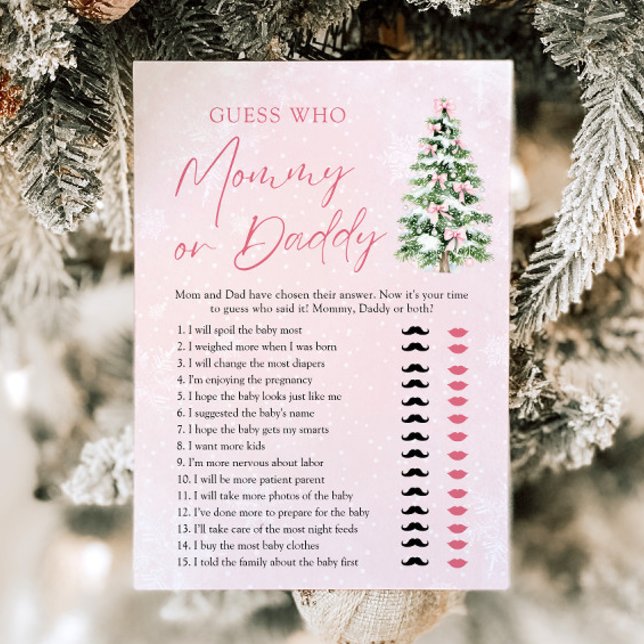 Convites Árvore de Natal com Laços Rosa - Jogo de Adivinhaç (Pink Bows Christmas Tree Guess Who Mom or Dad Game)