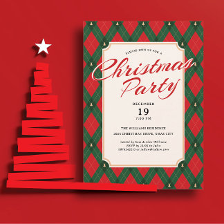 Convites Árvore de Natal com Xadrez Argyle e Letra Retrô Ec