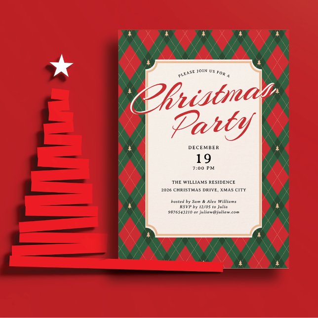 Convites Árvore de Natal com Xadrez Argyle e Letra Retrô Ec (Criador carregado)