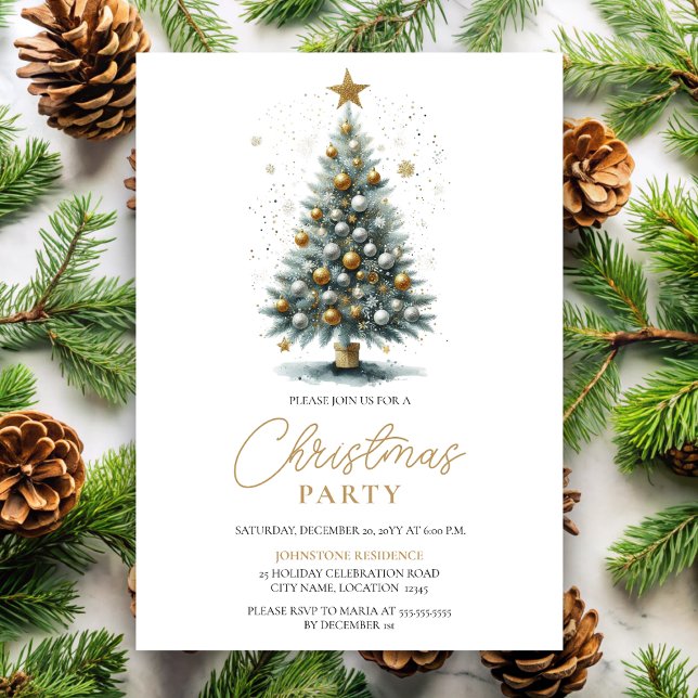 Convites Árvore de Natal de Aquarela Falsa (Elegant and simple faux glitter Christmas tree party invitation front view.)