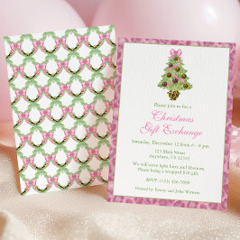 Convites Árvore de Natal de festa com leopardo rosa em aqua