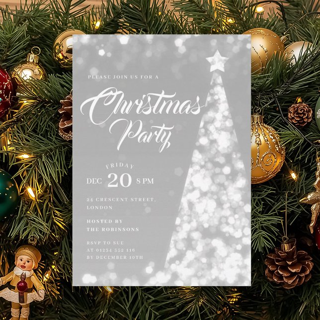 Convites Árvore de Natal de Inverno Prateada Elegante Féria (Elegant Silver Winter Christmas Tree Holiday Invitation)