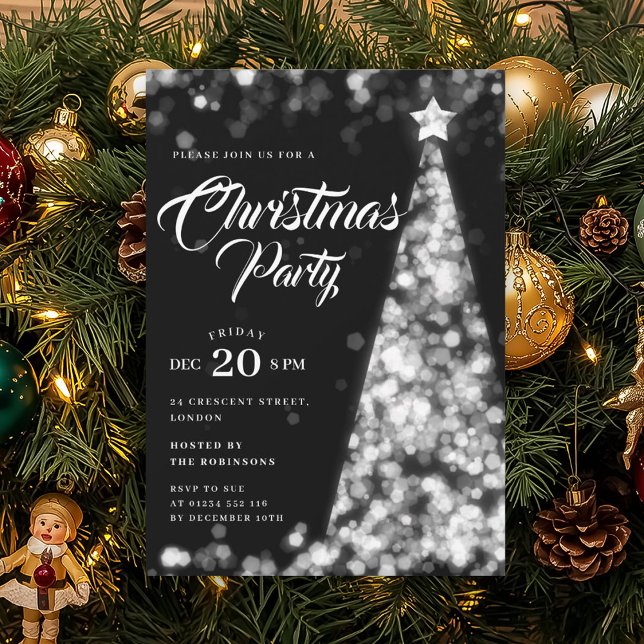Convites Árvore de Natal de Inverno Prateada Elegante Festa (Elegant Silver Winter Christmas Tree Holiday Party Invitation)