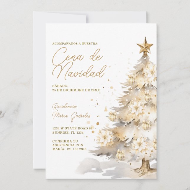 Convites Árvore de Natal Dourada Cena De Navidad Jantar de  (Frente)