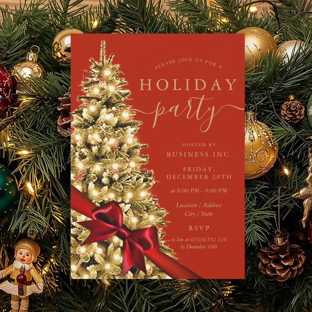 Convites Árvore de Natal Dourada com Laço Vermelho Corporat (Gold Xmas Tree Red Bow Corporate Holiday Red Invitation)