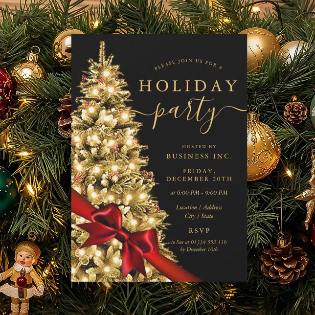 Convites Árvore de Natal Dourada com Laço Vermelho Festa de (Gold Xmas Tree Red Bow Corporate Holiday Party Invitation)