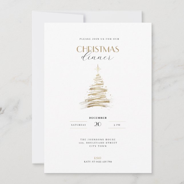 Convites Árvore de Natal dourada desenhada à mão elegante (Frente)