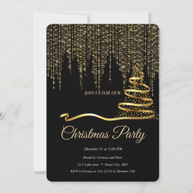 Convites Árvore de Natal Dourada e Elegante (Frente)