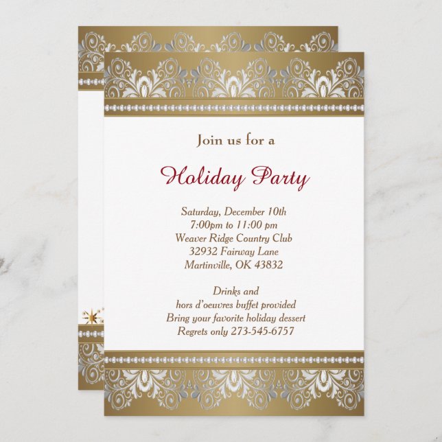 Convites Árvore de Natal Dourada e prata (Frente/Verso)