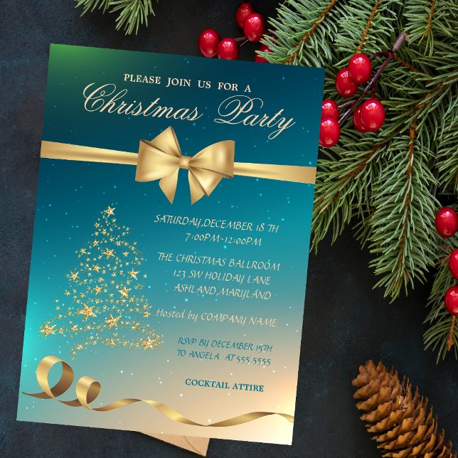 Convites Árvore de Natal Dourada Elegante, Arco Festa de Na (Criador carregado)