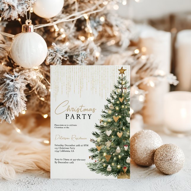Convites Árvore de Natal Dourada Scandi (Scandi Gold Watercolor Christmas Tree Winter Invitation)