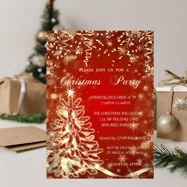 Convites Árvore de Natal Dourada,Vermelho,Convite para Fest (Criador carregado)