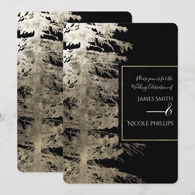 Convites Árvore de Natal Dourado e Preto Glam Floresta Rúst (Frente/Verso)