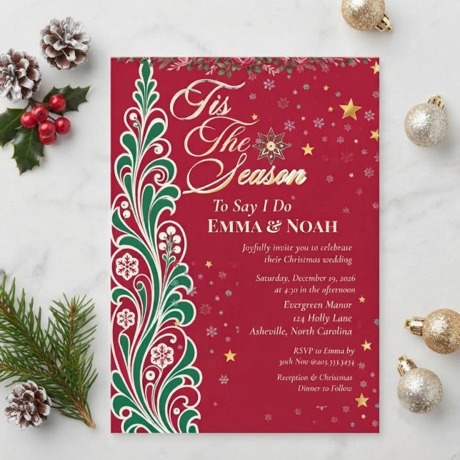 Convites Árvore de Natal, É a Época de Dizer Sim Casamento (Christmas Tree, Tis The Season to Say I Do Wedding Invitation)