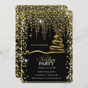 Convites Árvore de Natal Elegante Black - Dourada Sparkle