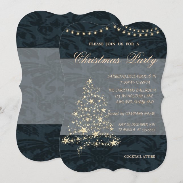 Convites Árvore de Natal Elegante, Damasco, Festa de Natal (Frente/Verso)